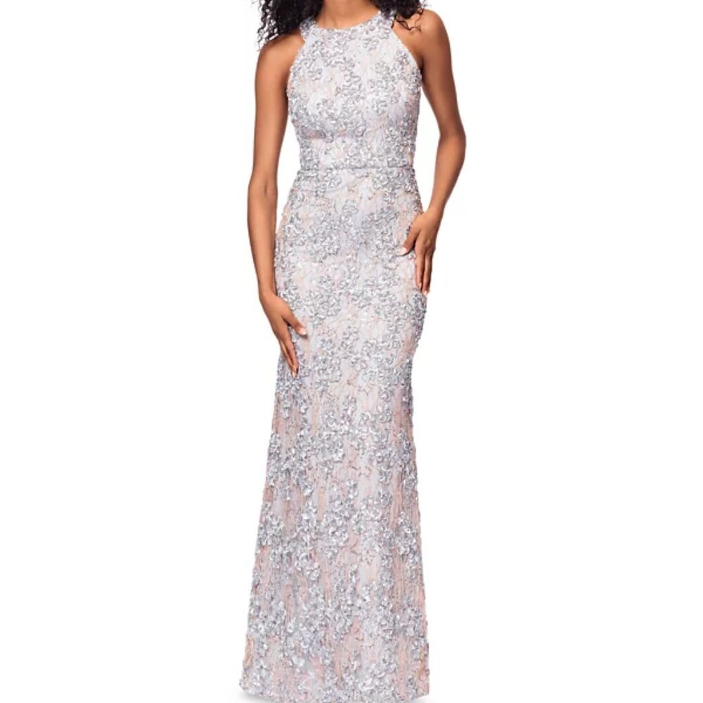 XSCAPE Petite High-Neck Sleeveless Lace Sheath Gown 4P